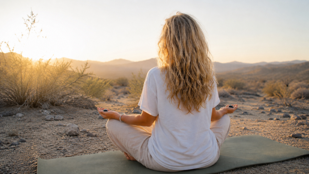 A woman meditating on a yoga mat surrounded by dry desert shrubs, holding Saffordite stones in her hands during sunrise.