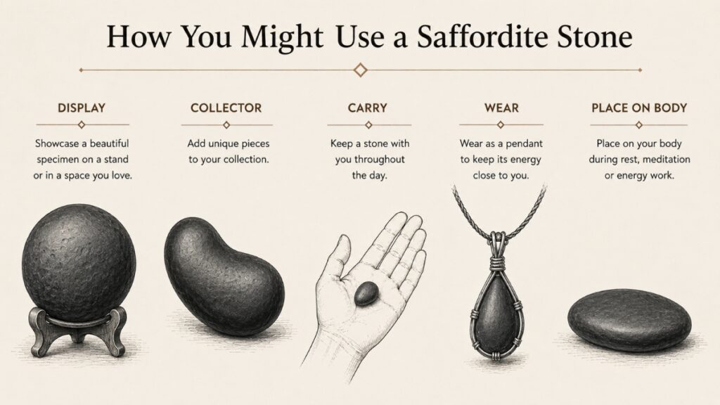 Ways to use a Saffordite stone for carrying, wearing, display, collecting or personal practices