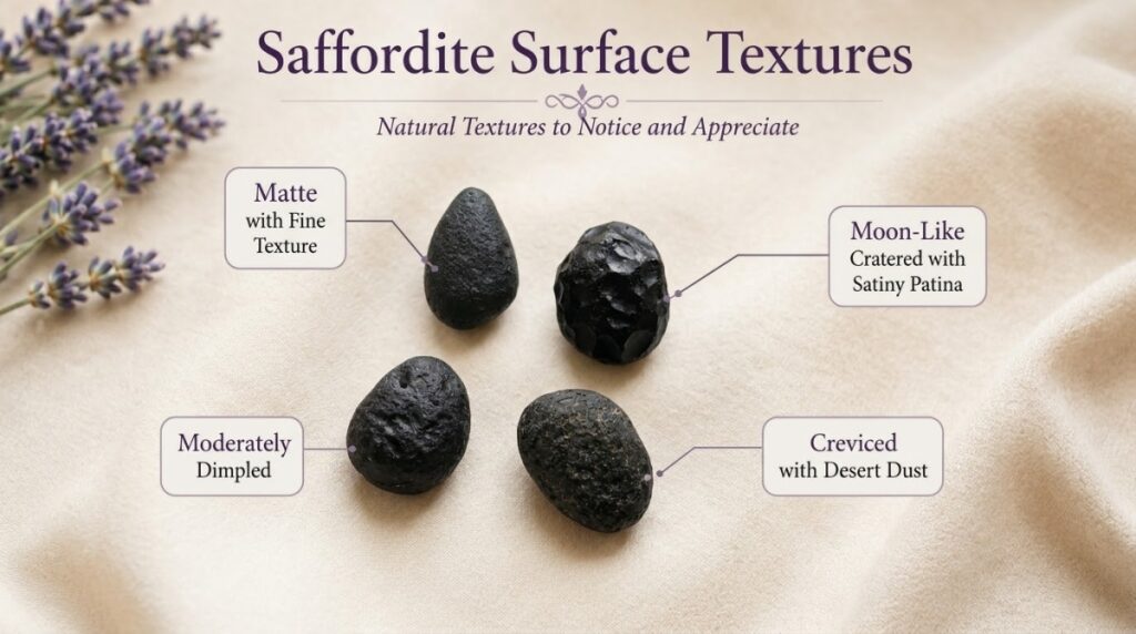 Four Saffordite stones showing smooth, dimpled, cratered and creviced surface textures