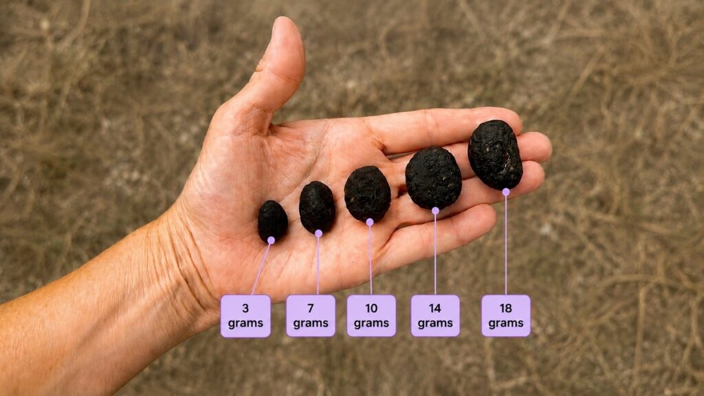 Five Saffordite stones ranging from 3 to 18 grams shown in a hand for size comparison