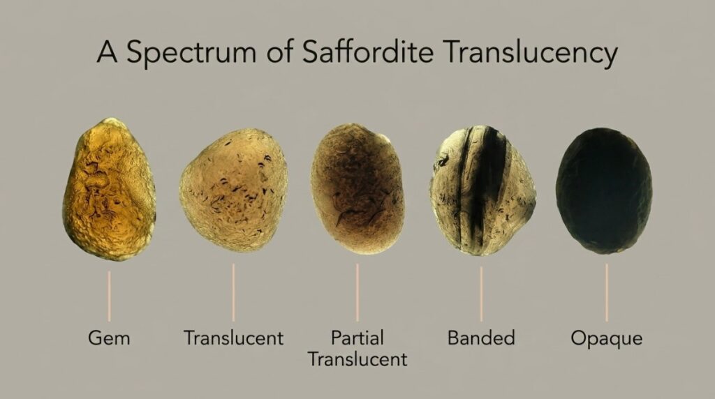 Backlit Saffordite stones comparing gem quality, translucent, partially translucent, banded and opaque specimens